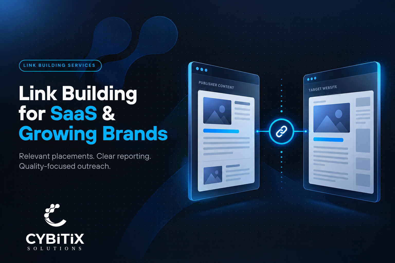 Cybitix link building illustration showing publisher content and target websites connected through backlinks